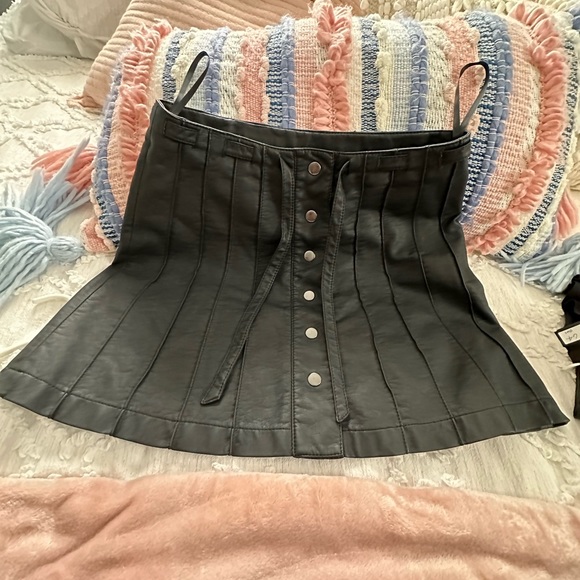 Free people black pleather skirt with pleats, button down and tie. - Picture 2 of 4